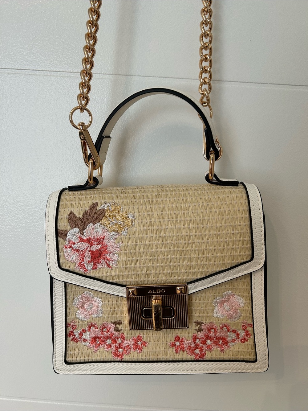 ALDO Beige Floral Embroidered Top-Handle Satchel with Gold Chain